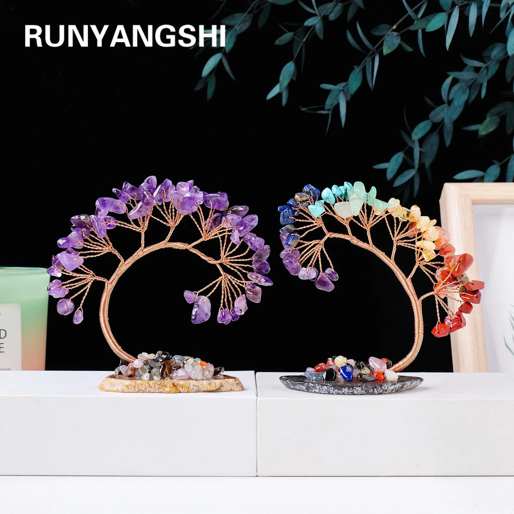 Natural Crystal Lucky Tree Copper Wire Winding Amethyst Gravel With Agate Slice Base Home Decoration Money Trees