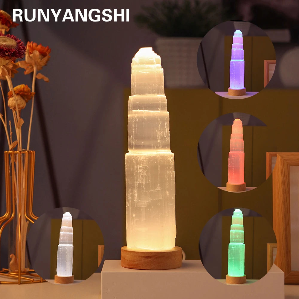 Natural White Selenite Tower Lamp Healing Mineral Specimen Collection Gypsum Ice Berg Carved Crafts Lamp Crystal Decoration Gift